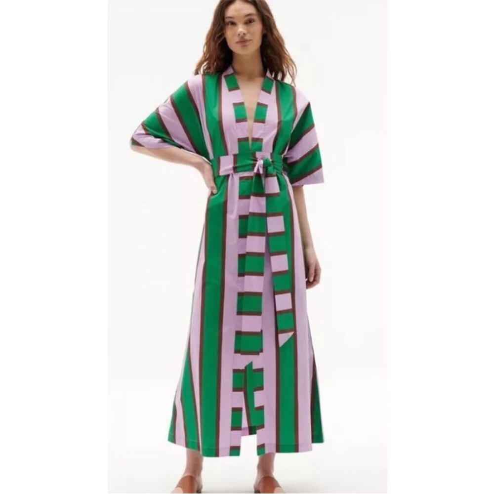 Striped Green & Lavender Maxi Wrap Dress